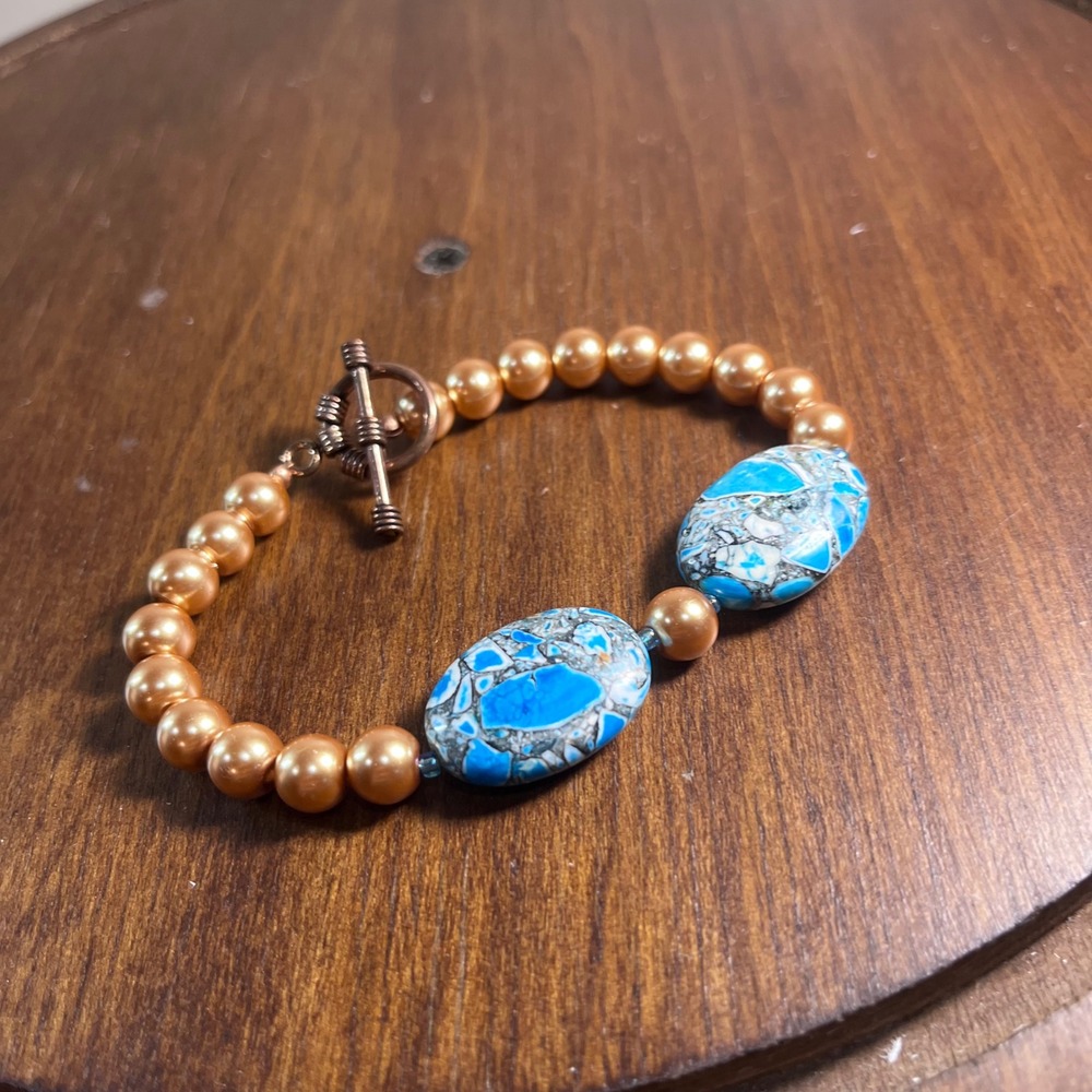 Vtg Boho Blue Sea Sediment Jasper Copper Faux‎ Pearl Toggle Bracelet 7.75in